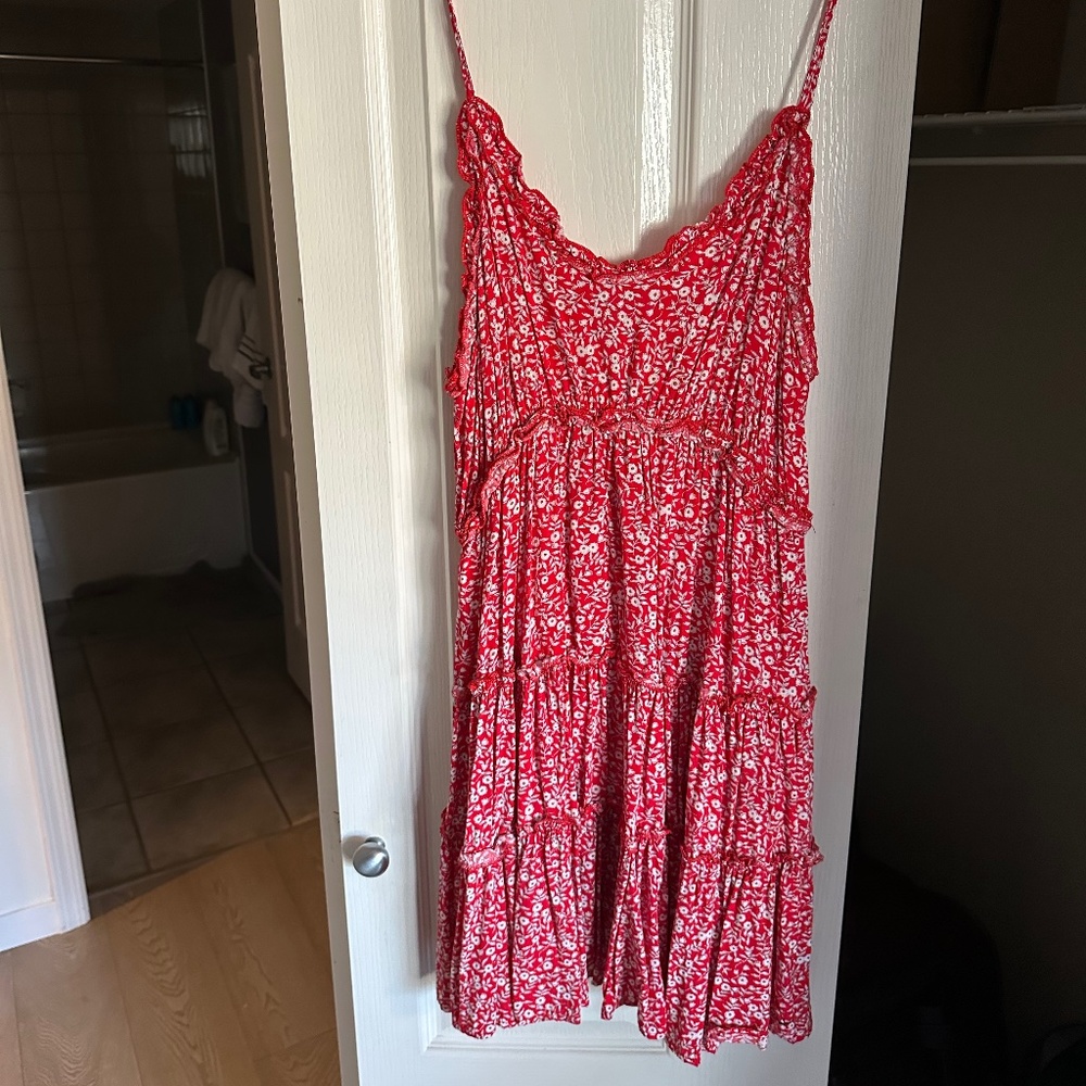 Red Ditsy Floral Tiered Summer Mini Dress Size XL